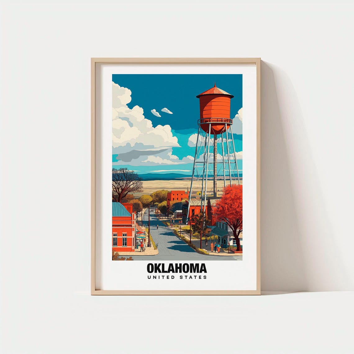 Oklahoma Small Town Main Street Water Tower Vintage Travel Poster