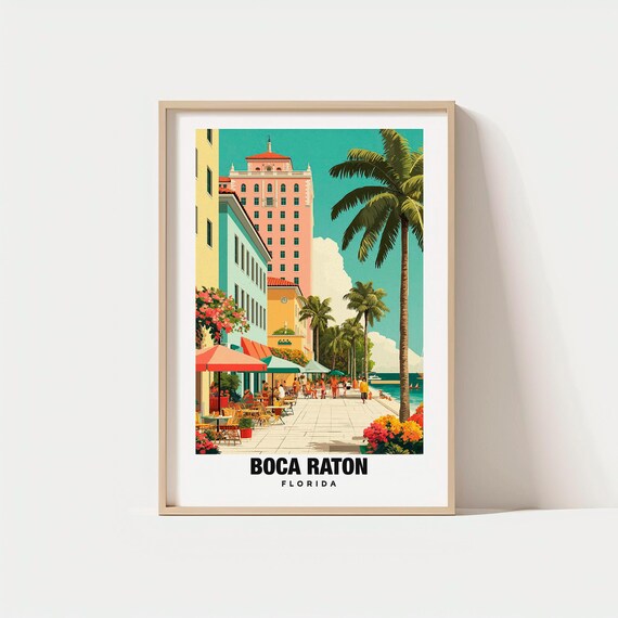 Boca Raton Florida Waterfront Promenade Palms Vintage Poster