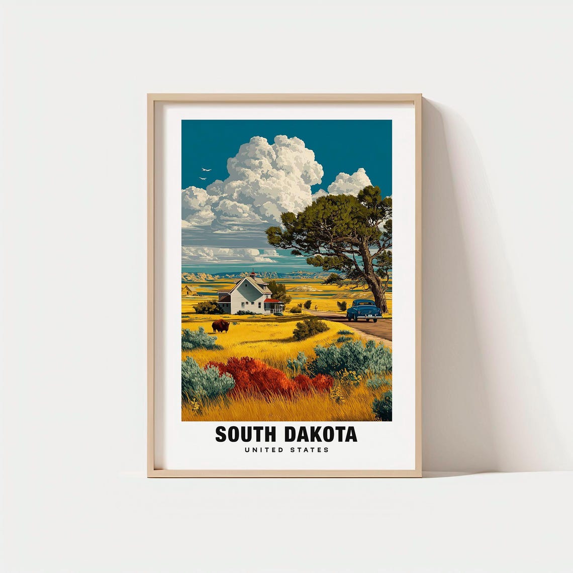 South Dakota Prairie Farmhouse Bison Sunset Grassland Scene Poster