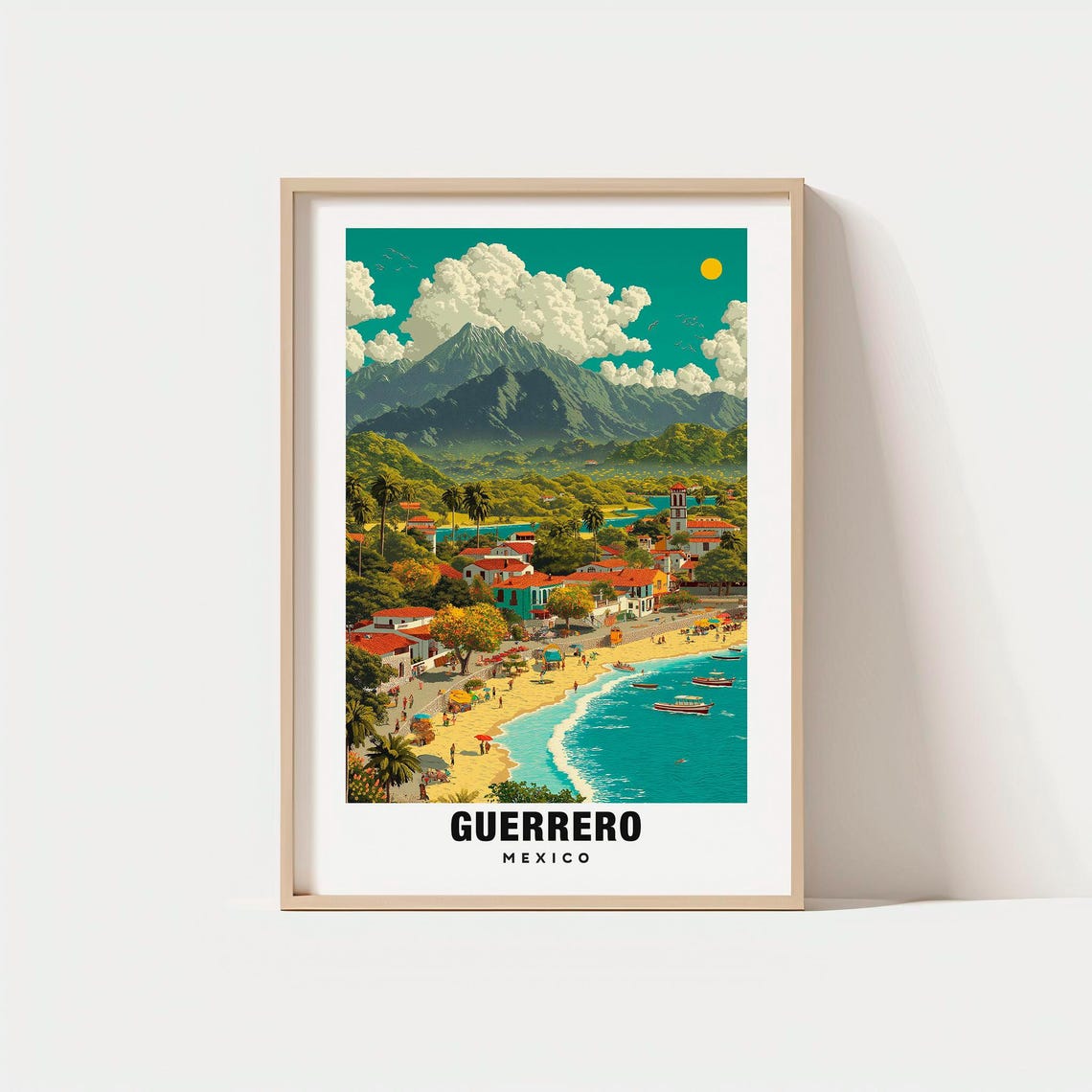 Guerrero Mexico Pacific Beach Town Mountains Church Travel Poster