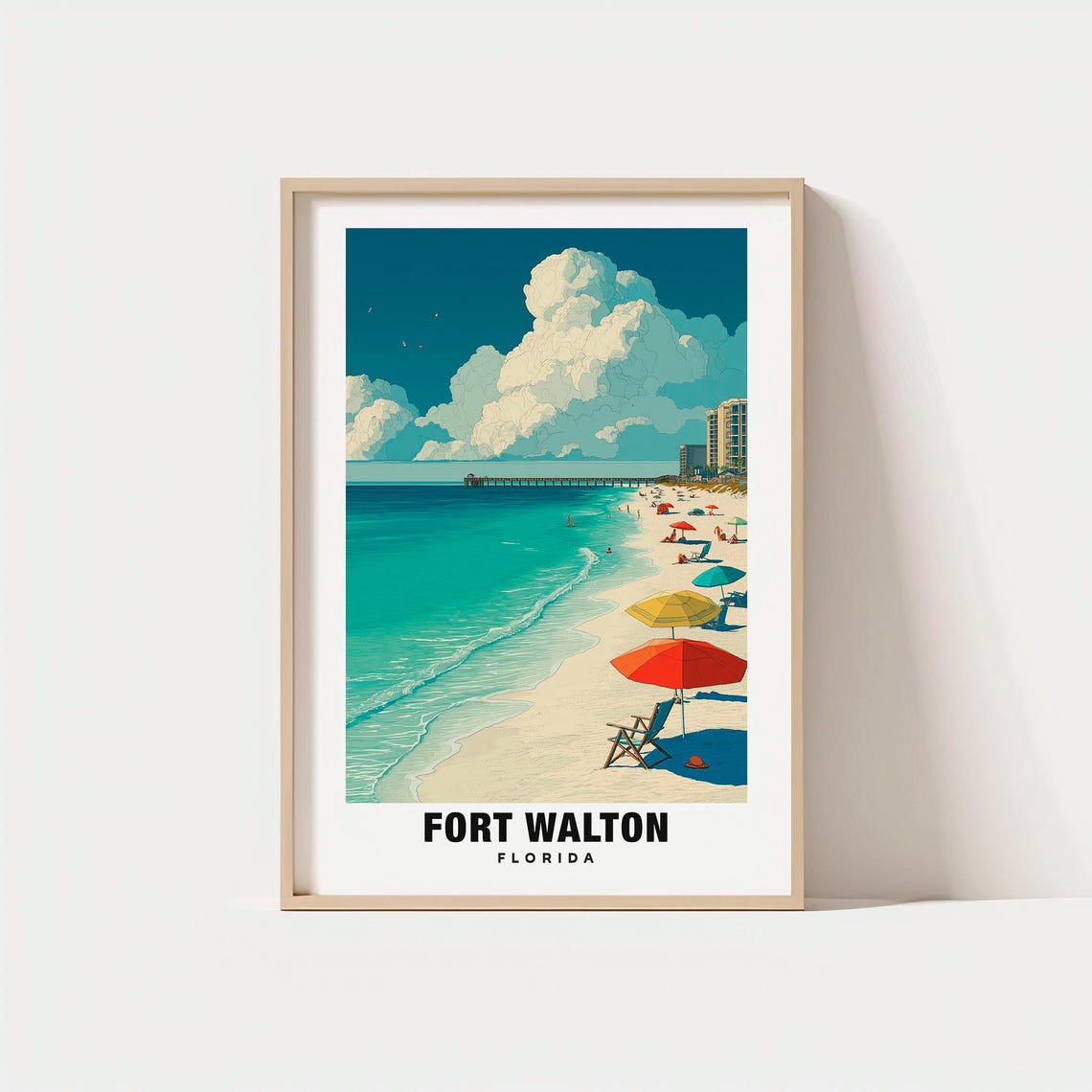 Fort Walton Florida Beach Umbrellas Pier Turquoise Waves Poster