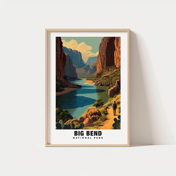 Big Bend National Park Poster Desert River Canyon Hiker Cactus Texas Scenery