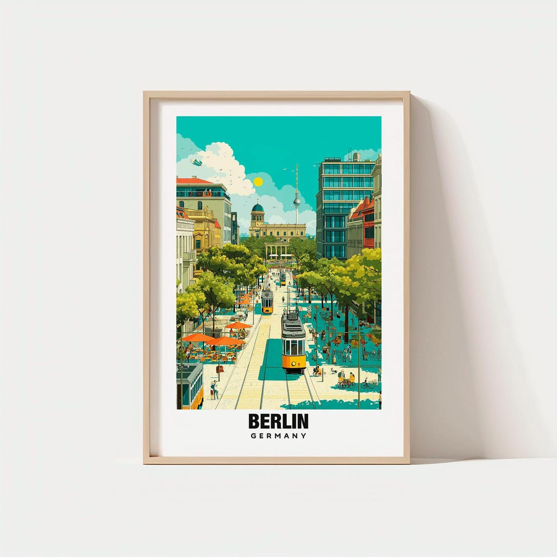 Berlin Germany Yellow Trams Bustling City Street Vintage Poster