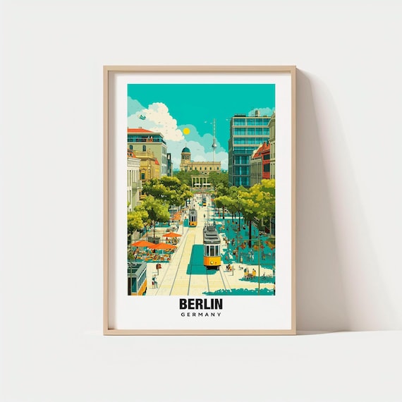 Berlin Germany Yellow Trams Bustling City Street Vintage Poster