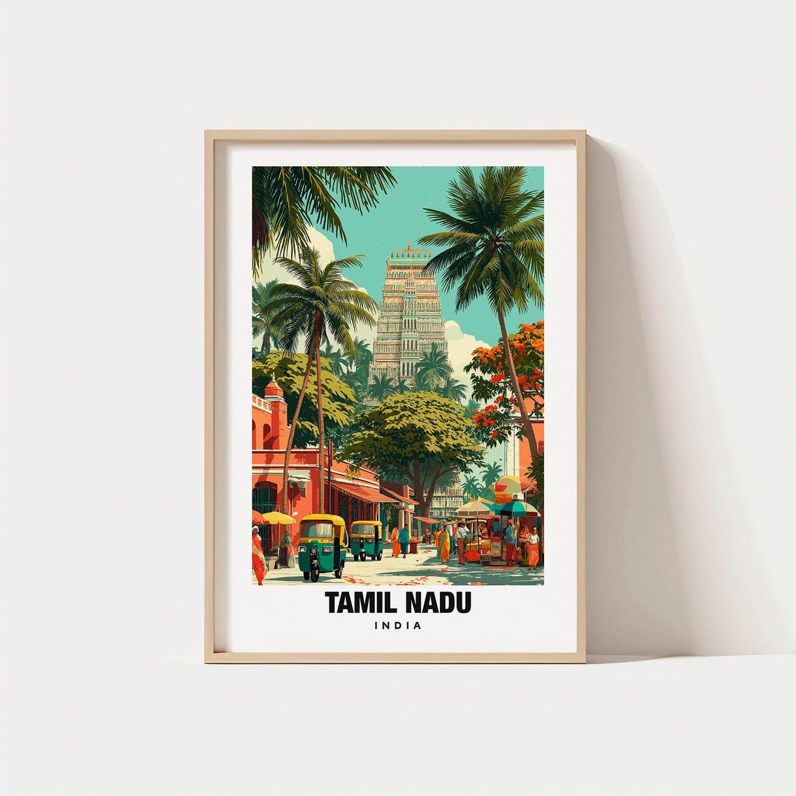 Tamil Nadu India Sacred Temple Tower and Bustling Street Poster