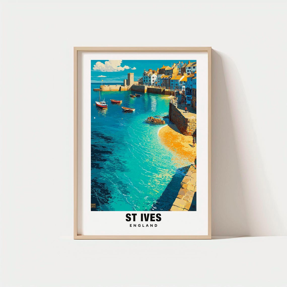 St Ives England Seaside Harbor Boats Stone Pier Town Poster Art