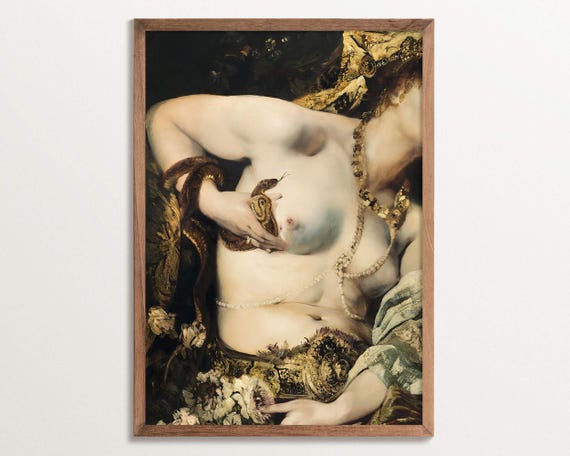 Moody Baroque Portrait Art Print Cleopatra Altered Art Female Figure With Snake Gothic Wall Art For Dark Academia Elegant Home Decor