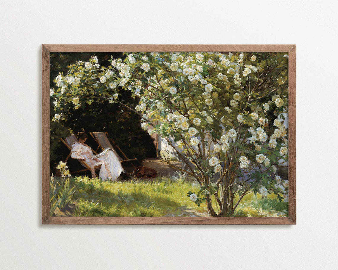 Light Academia Woman Reading Art Print, Vintage Garden