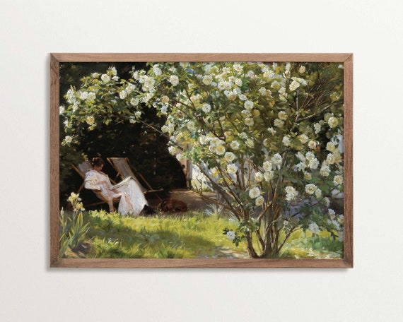 Light Academia Woman Reading Art Print, Vintage Garden