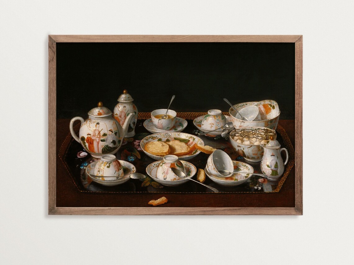 Tea Set Still Life Art Print, Vintage Oil Painting