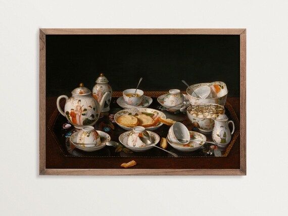 Tea Set Still Life Art Print, Vintage Oil Painting