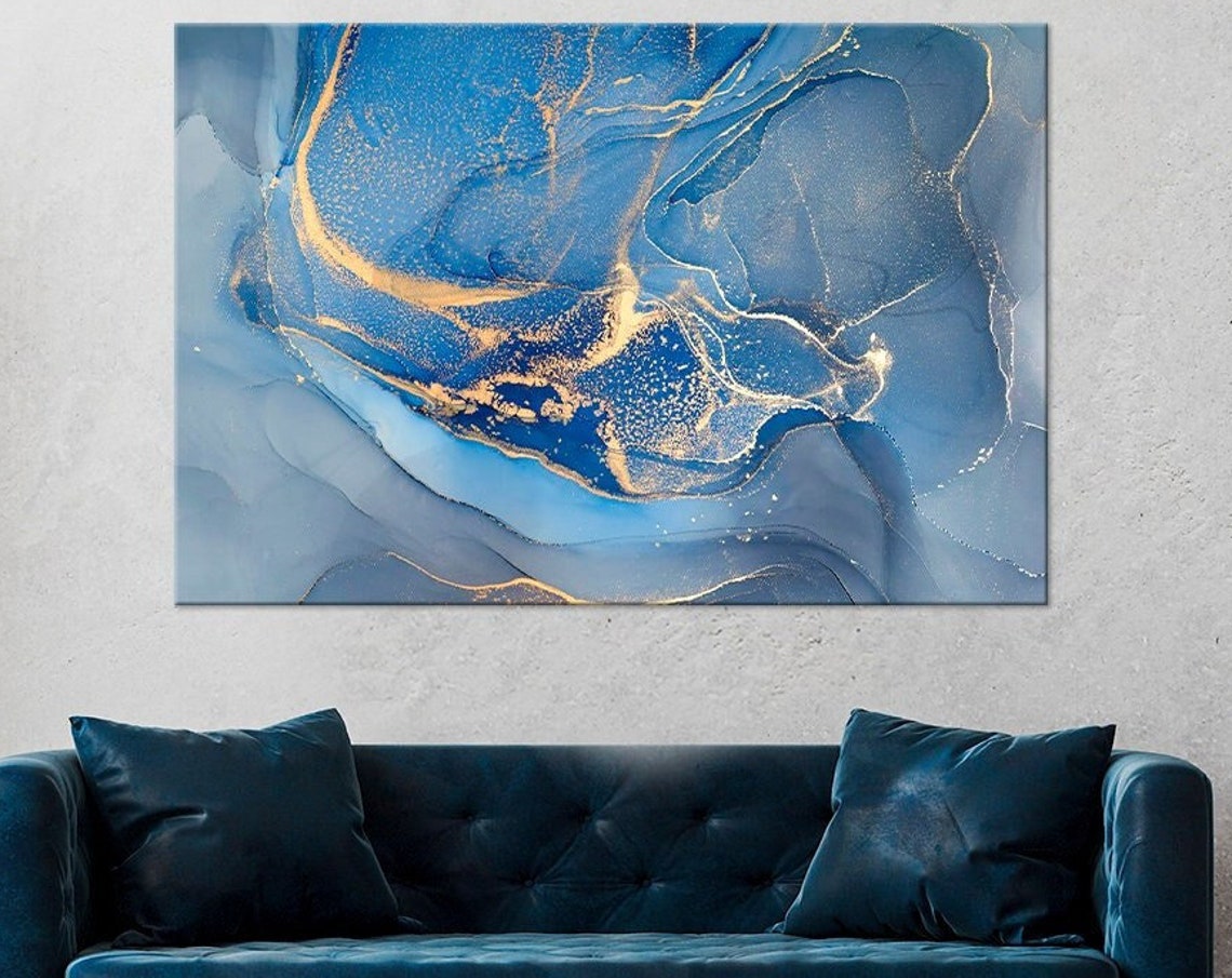 Blue Marble Gold Veins Abstract Fluid Art Luxury Modern Decor Poster