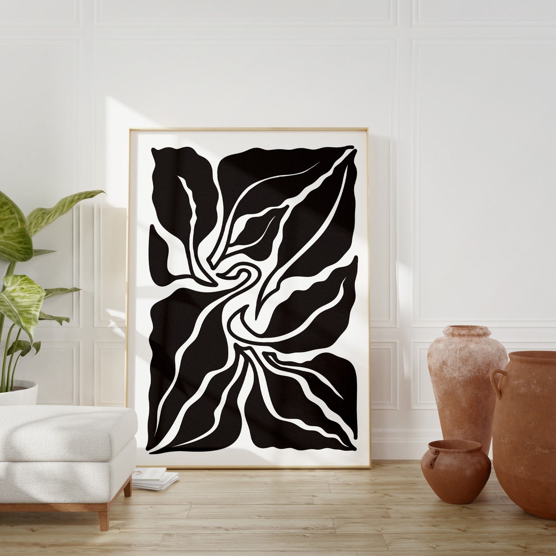 Black White Bold Leaves Abstract Botanical Minimalist Poster - Image 3
