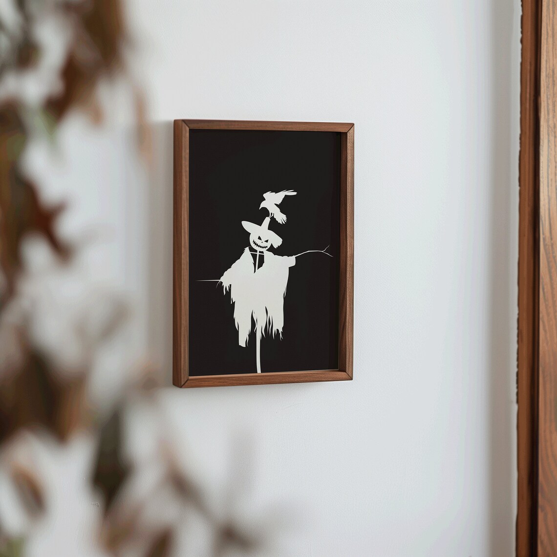 Scarecrow White Silhouette Black Background Pumpkin Crow Spooky Halloween Print - Image 2