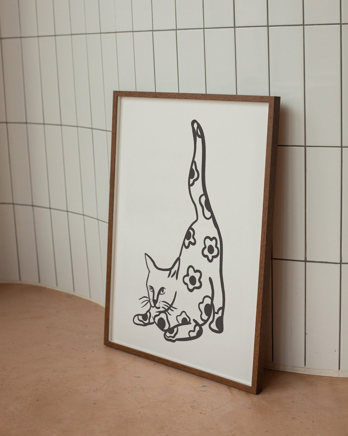 Playful Floral Cat Stretching Black White Cat Lover Wall Art - Image 2