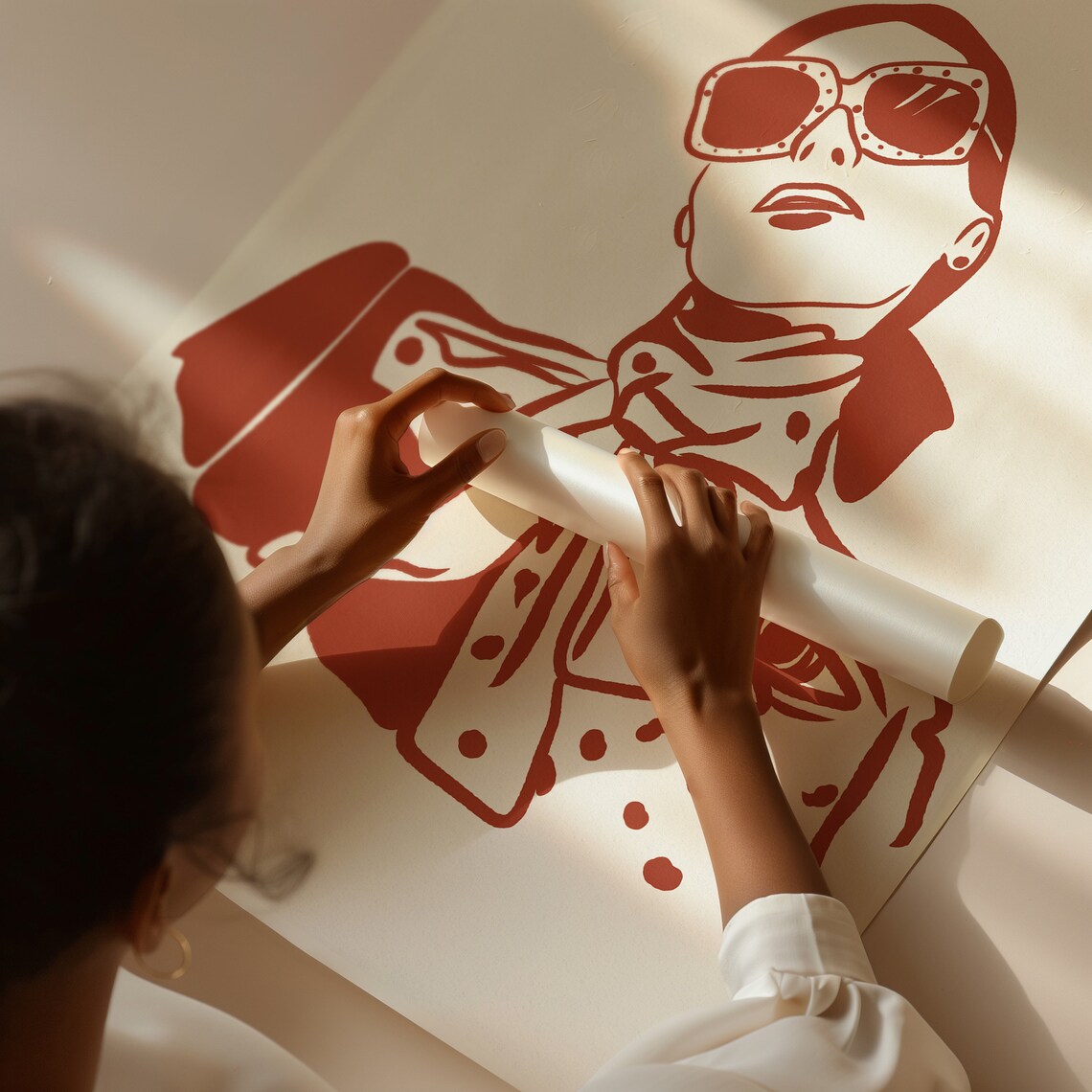 Chic Woman With Sunglasses Polka Dot Scarf Red Line Art Poster - Image 4