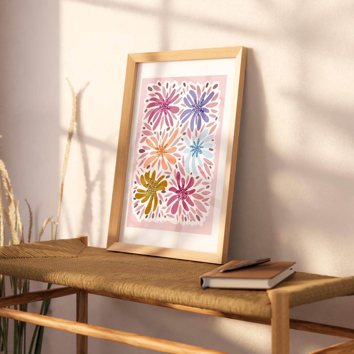 Six Colorful Retro Flowers Pink Background Boho Botanical Wall Art - Image 2