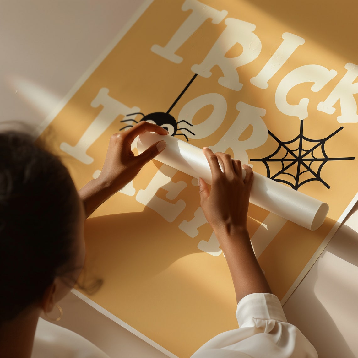 Trick Or Treat Spider Web Mustard Yellow Retro Quote Halloween Poster - Image 4