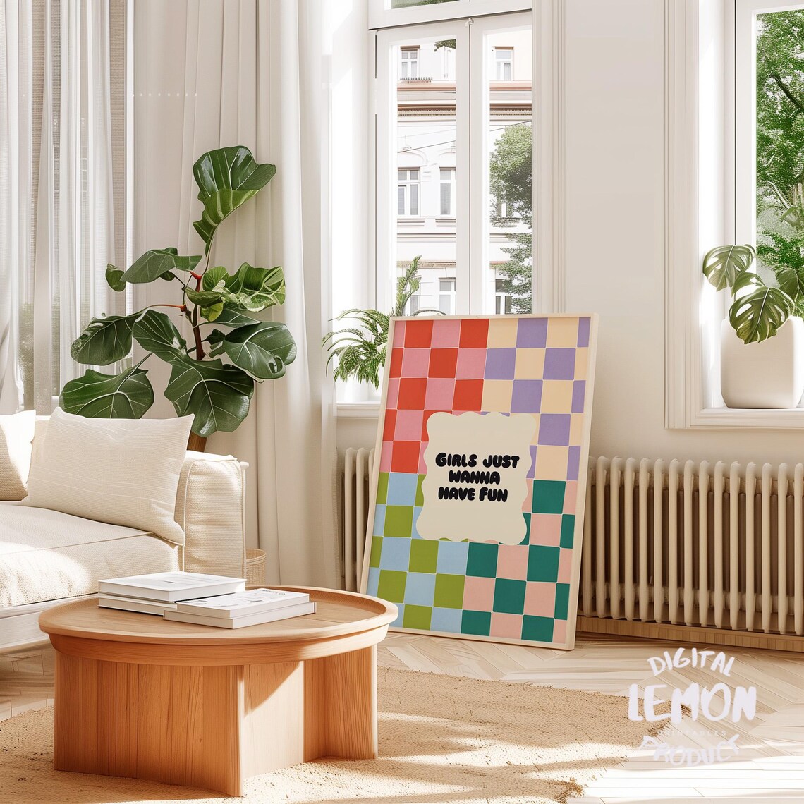 Girls Just Wanna Have Fun Rainbow Checkerboard Typography Poster - Image 2