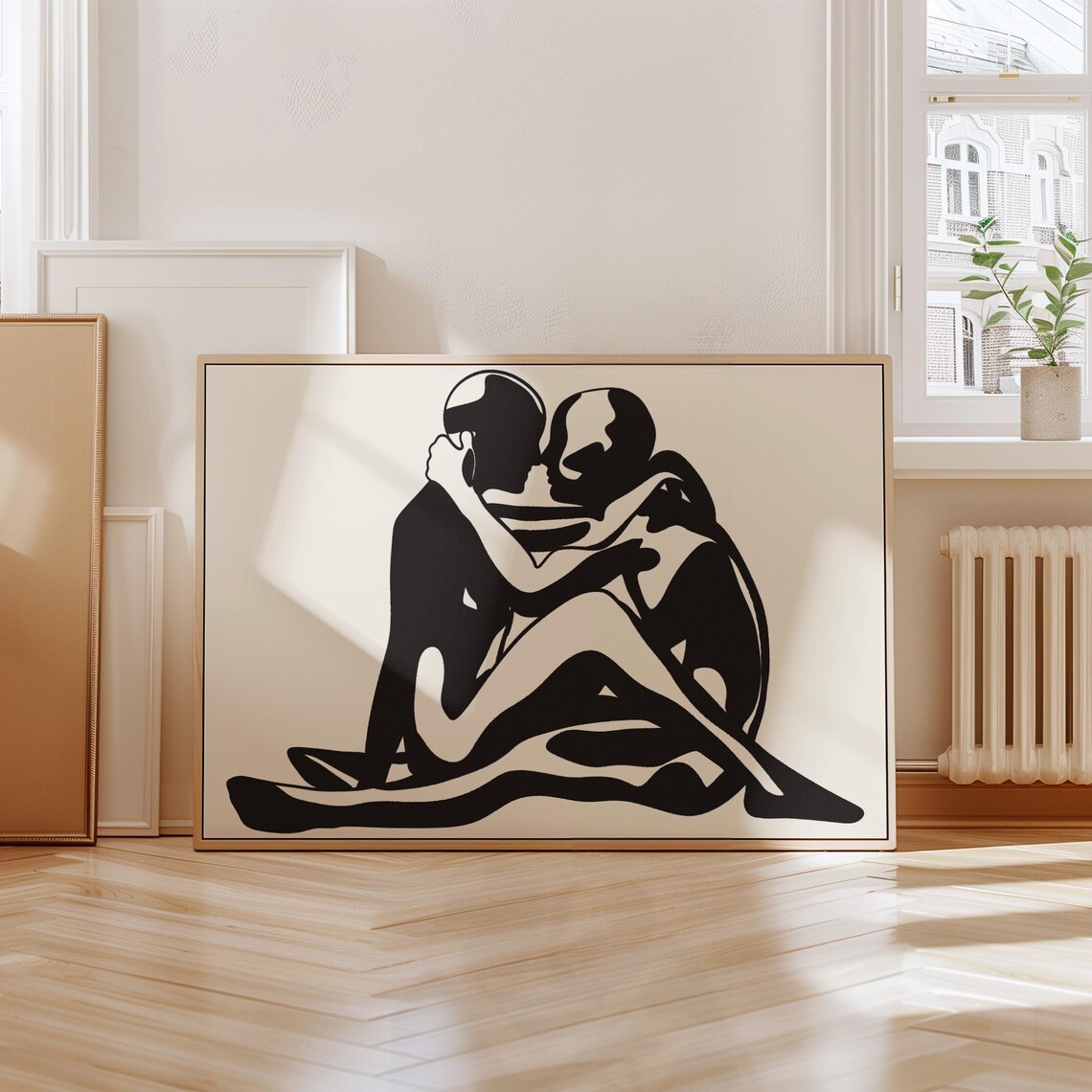 Embracing Couple Silhouette Black Beige Abstract Romantic Modern Print - Image 3