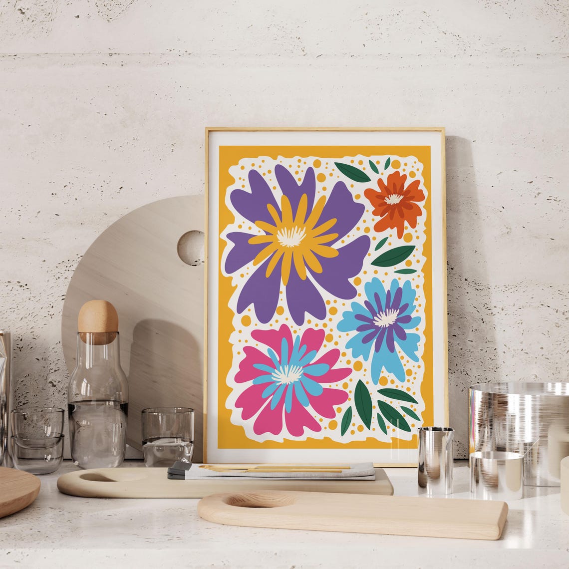 Bold Colorful Flowers Purple Pink Blue Yellow Folk Art Botanical Print - Image 2
