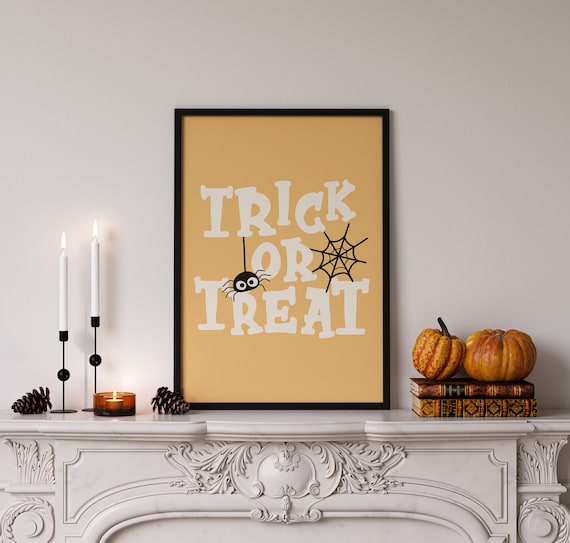 Trick Or Treat Spider Web Mustard Yellow Retro Quote Halloween Poster