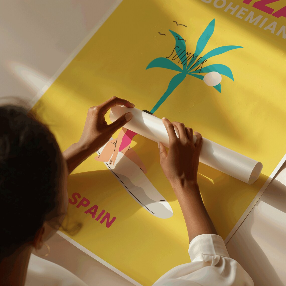 Ibiza Bohemian Summer Surf Yellow Surfer Girl Palm Travel Poster - Image 4