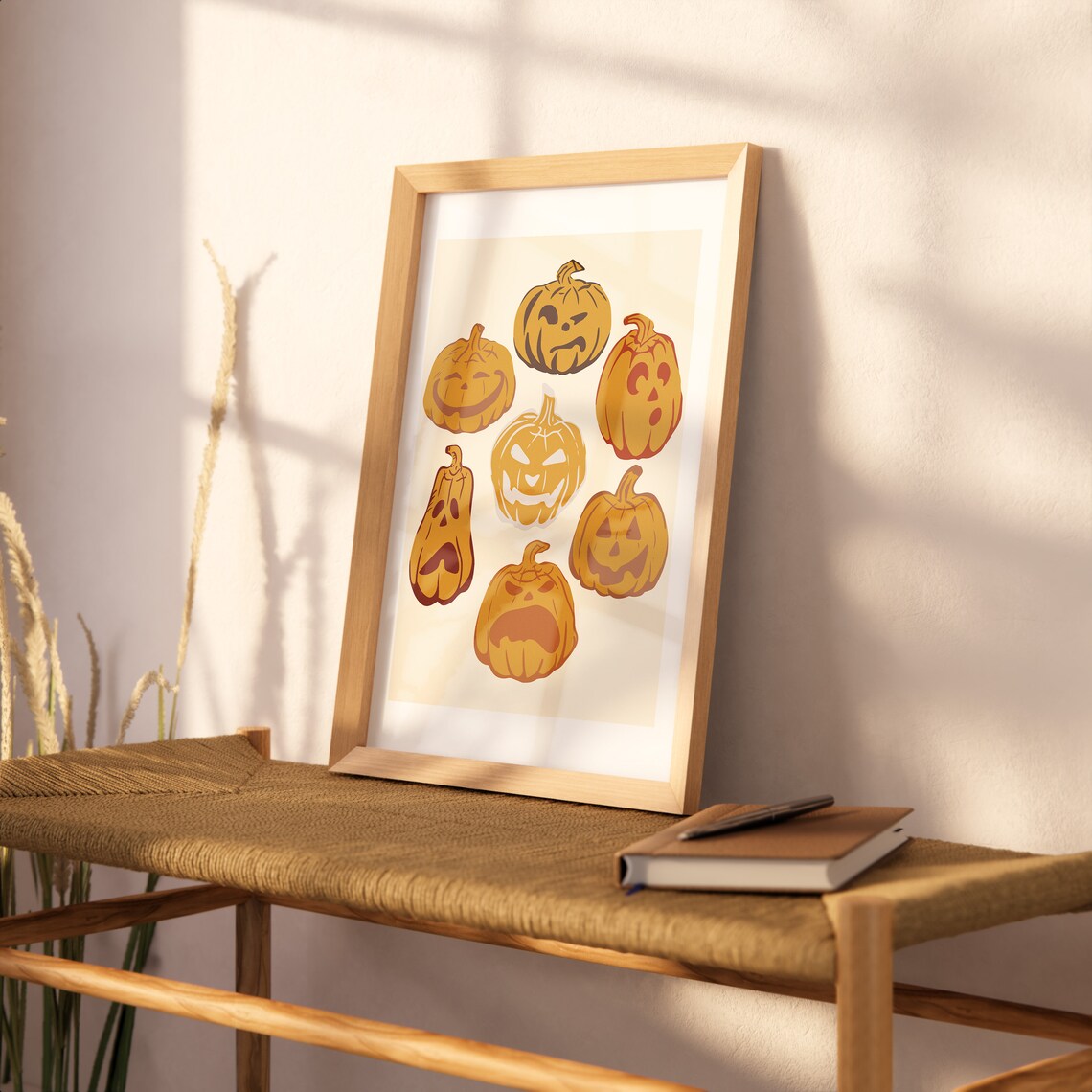 Funny Jack O Lantern Faces Pumpkin Grid Retro Halloween Kids Wall Art Print - Image 4