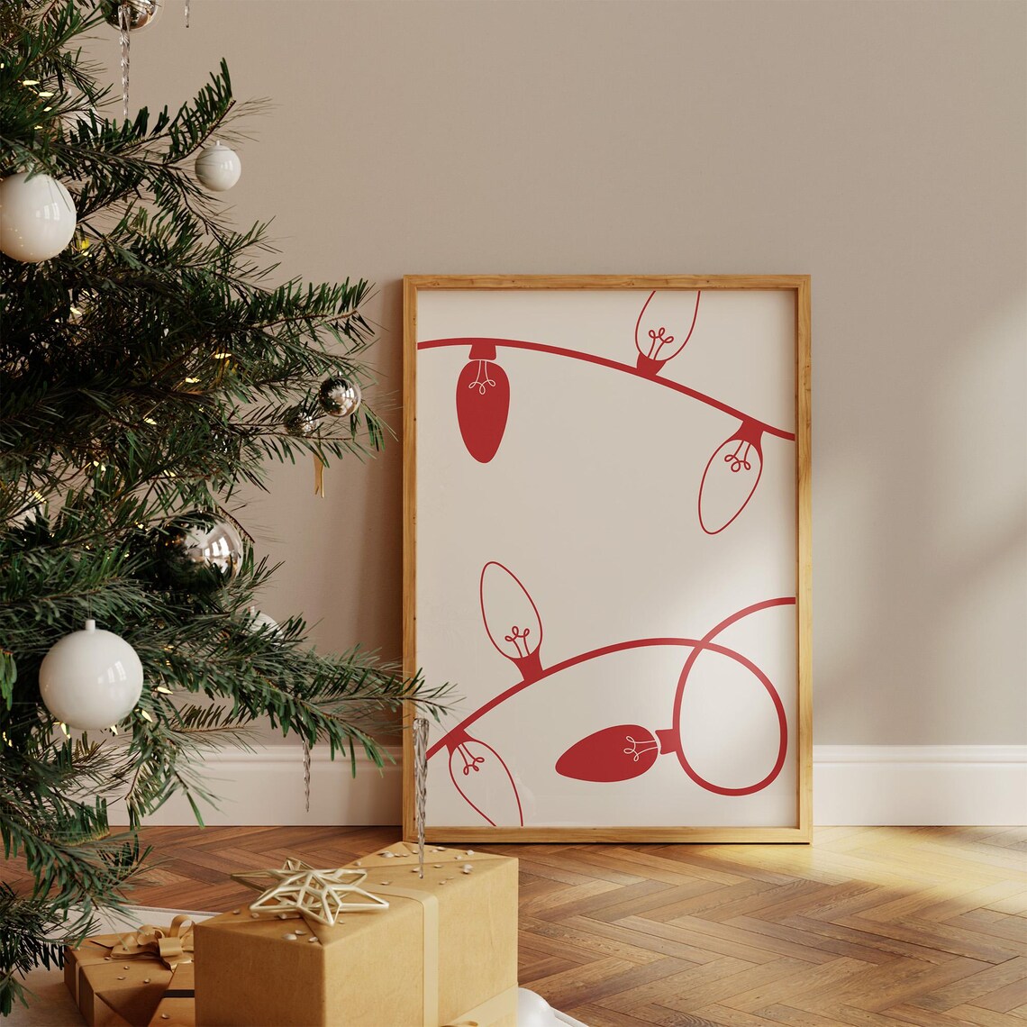 Minimalist Red Christmas String Lights Festive Line Art Holiday Poster