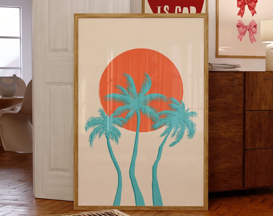 Fun Tropical Retro Teal Palm Trees Big Orange Sun Beach Poster
