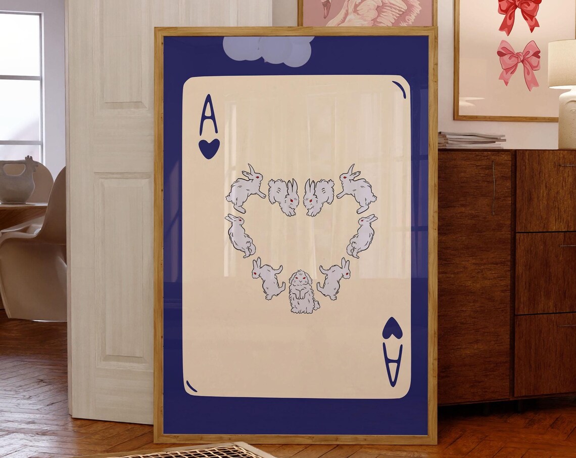 Ace Of Hearts Playing Card With Cute White Bunny Rabbits Heart Poster