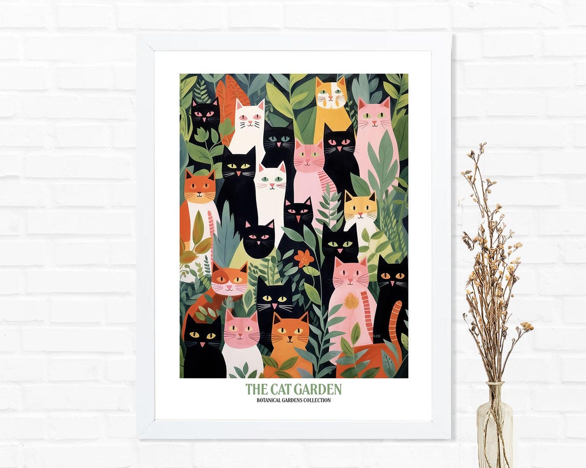 The Cat Garden Botanical Illustration with Colorful Cats Poster - Image 2