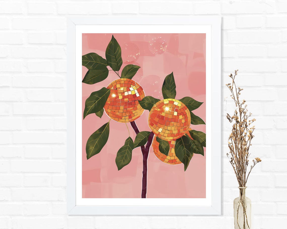 Disco Ball Oranges on Tree Pink Trendy Citrus Kitchen Decor Poster - Image 2