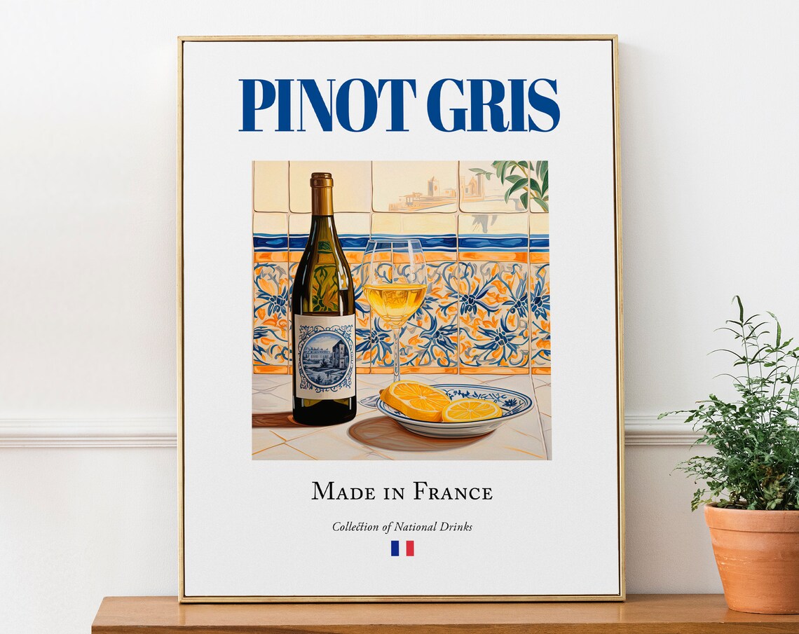 Pinot Gris Wine On Maiolica Tile, Kitchen Bar Art Print
