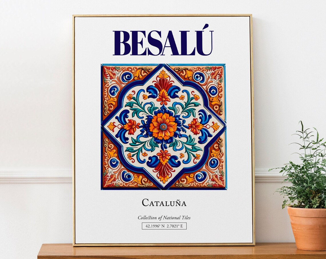 Besal Catalua Spain Folk Tile Poster, Travel Art