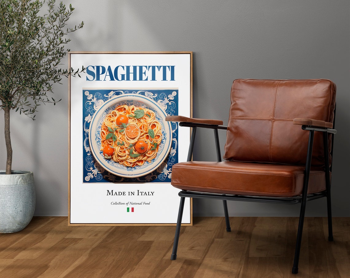 Spaghetti on Maiolica Tile Plate, Italian Food Art Print
