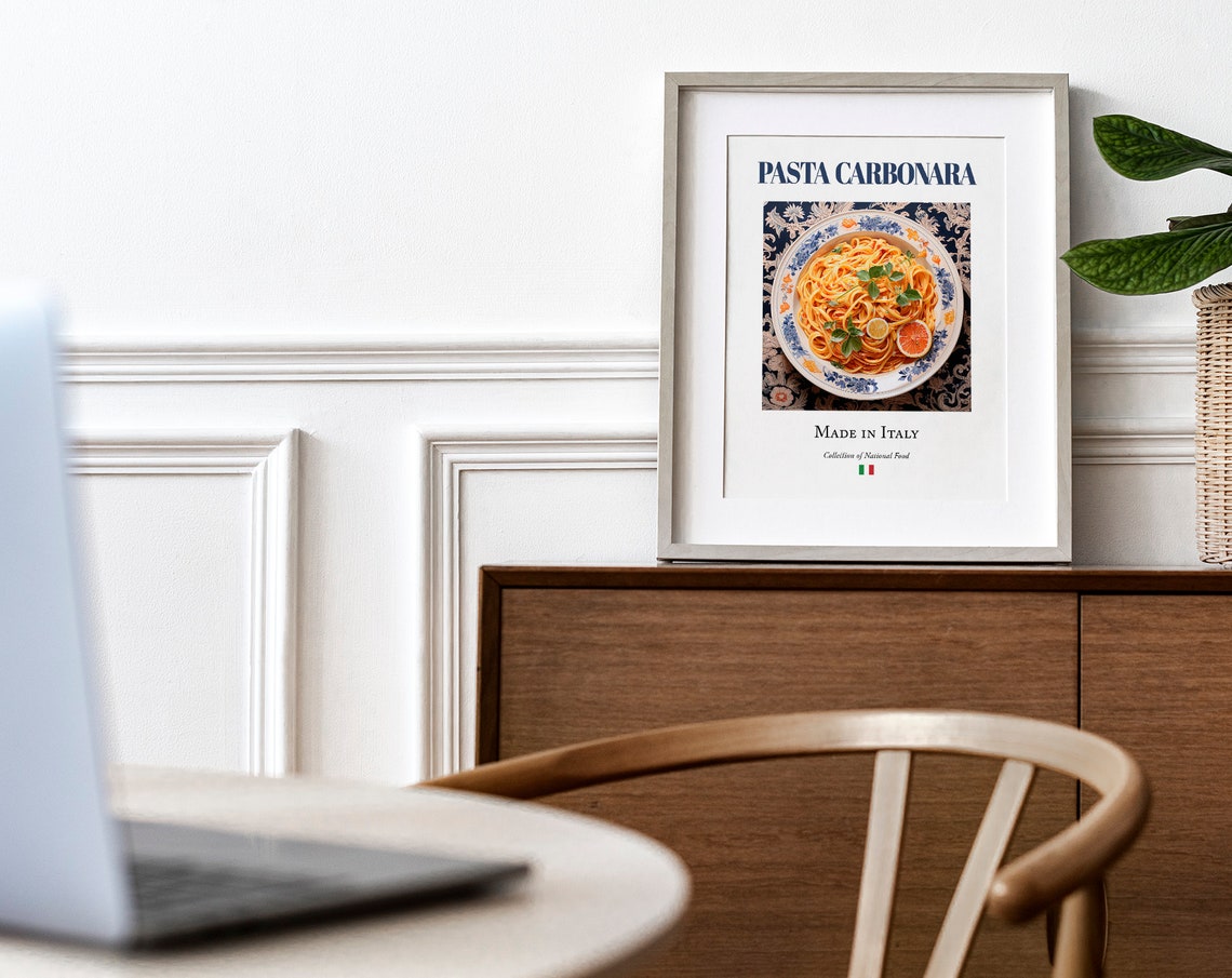 Pasta Carbonara on Maiolica Tile Plate, Art Print - Image 3
