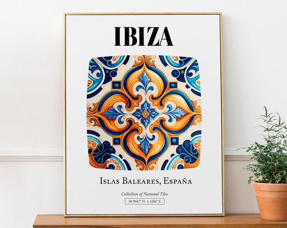 Ibiza Islas Baleares Travel Poster, Traditional Tile Pattern