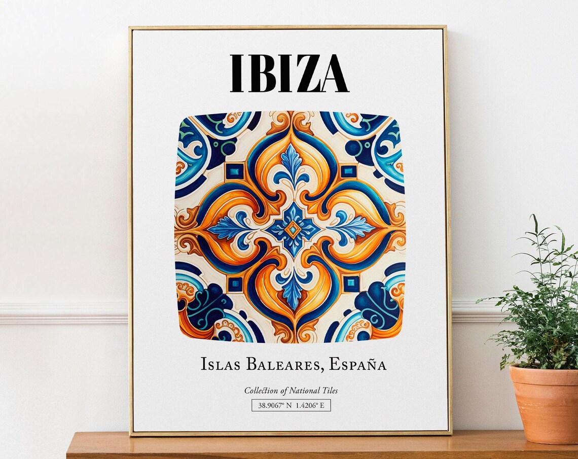 Ibiza Islas Baleares Travel Poster, Traditional Tile Pattern