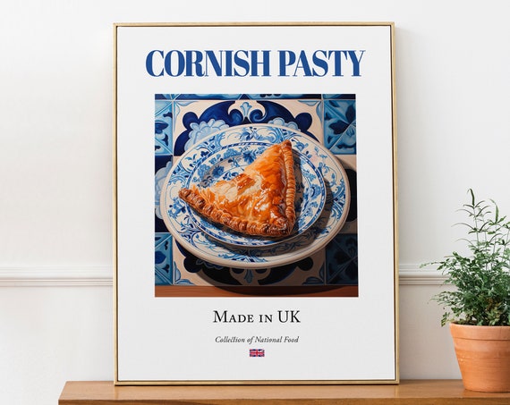 Cornish Pasty on Maiolica Tile Plate, English Food Poster