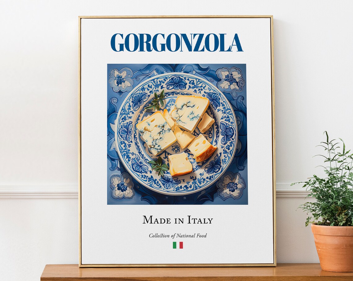 Gorgonzola on Maiolica Tile Plate, Italian Food Poster