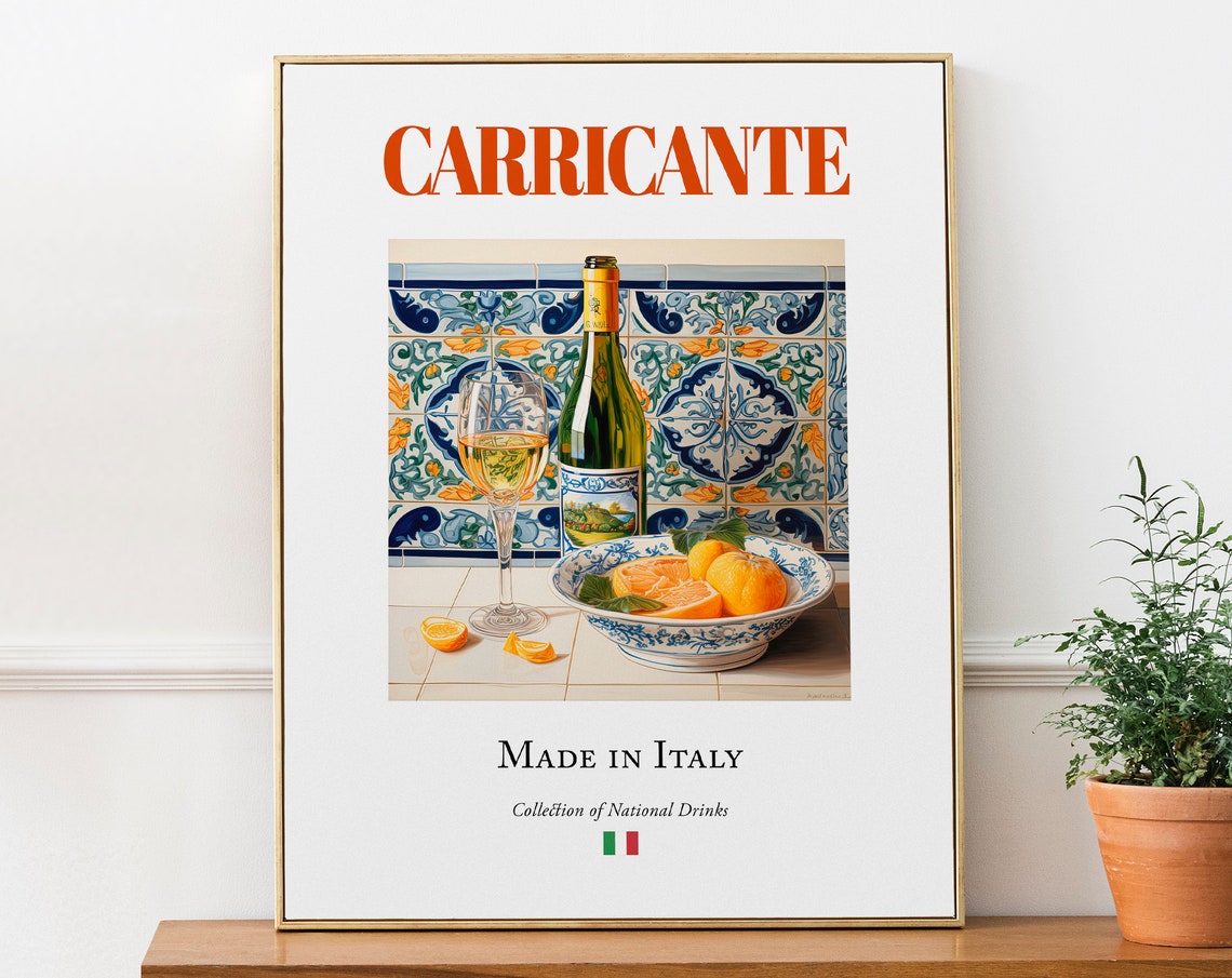 Carricante Wine on Maiolica Tile, Italian Travel Poster