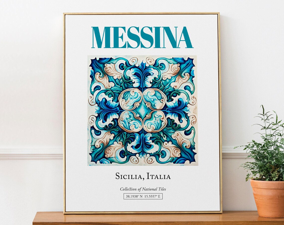 Messina Sicilia Italy Folk Maiolica Tile Travel Poster