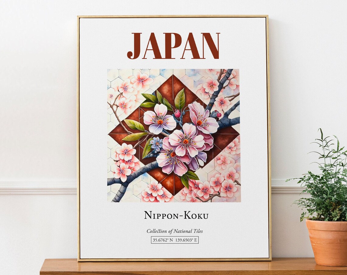 Japan Folk Traditional Tile Poster, Bedroom Decor