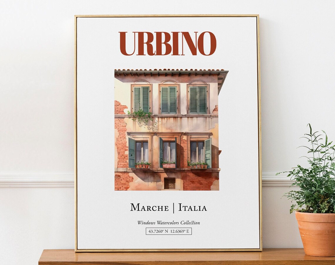 Urbino Marche Italia Travel Poster, Watercolor Illustration