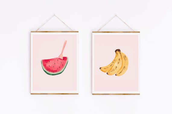 Bananas And Watermelon Art Print Set, Kitchen Decor