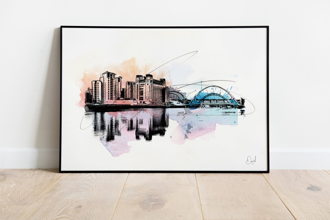 Newcastle Quayside Watercolor Sketch Millennium Bridge River Tyne Print