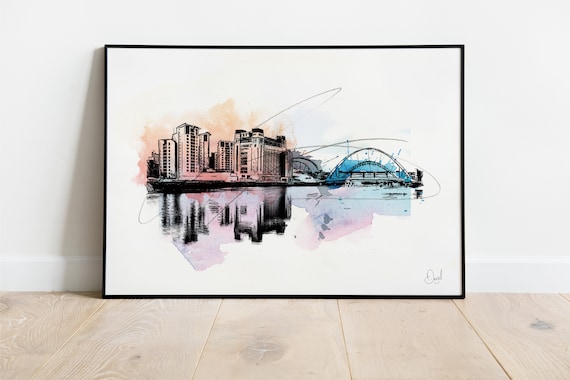 Newcastle Quayside Watercolor Sketch Millennium Bridge River Tyne Print