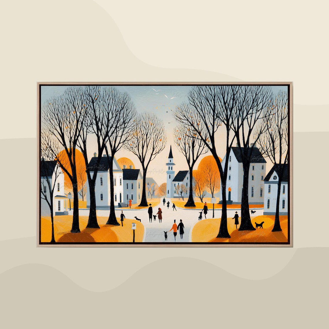 Autumn Village Street With Strolling Neighbors And Bare Trees Poster