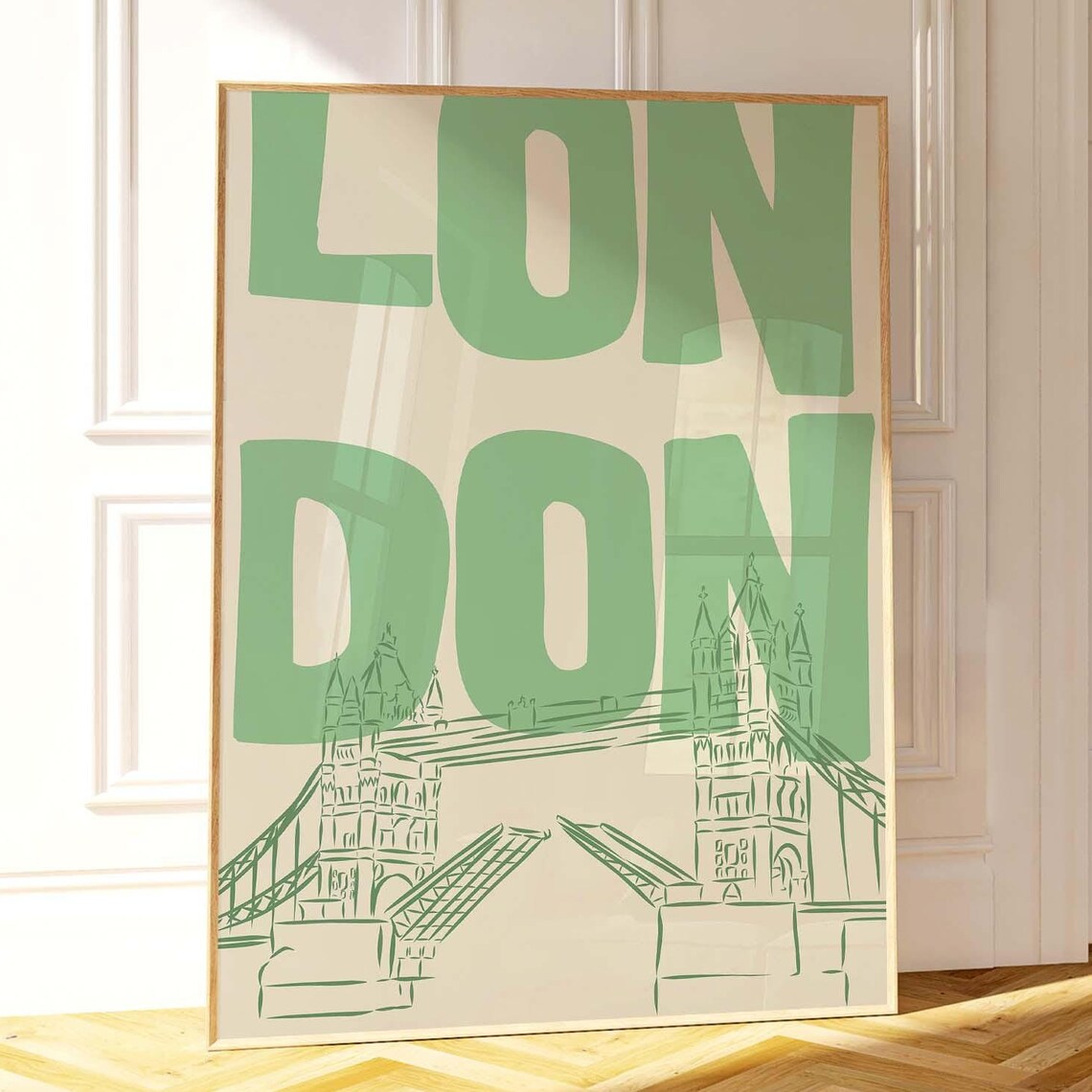 London Green Bold Lettering Tower Bridge Line Art City Poster